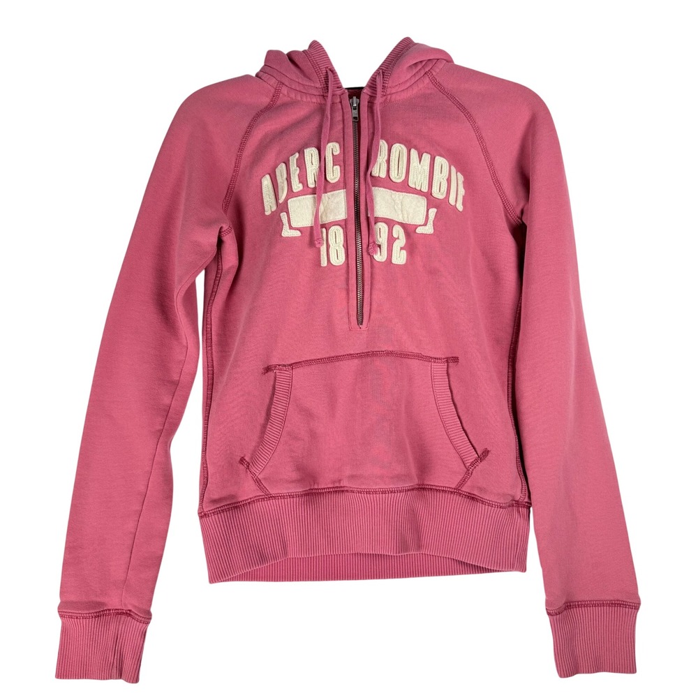 Vintage Abercrombie Hoodie Medium Pink Quarter Zip Graphic Y2K Preppy Collegiate
